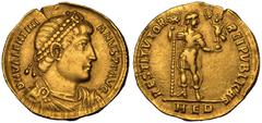 Roman Empire ROMAN EMPIRE. Valentinian I. Gold Solidus, AD 364-365. Rome. Obv: D N VALENTINIANVS P F AVG, pearl-diademed, draped and cuirassed bust right. Rev: RESTITVTOR REIPVBLICAE, Valentinian I st