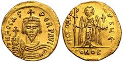 Byzantine Empire BYZANTINE EMPIRE. Phocas. Gold Solidus, AD 607-610. Constantinople. Obv: ∂ N FOCAS PÐ„RP AV, draped and cuirassed bust facing, holding globus cruciger and wearing crown without pendil