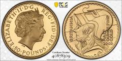 UNITED KINGDOM. Elizabeth II, 1952-. Gold 50 pounds, 2003. Royal Mint. Proof. The 2003 Britannia issue features the fourth design by Philip Nathan and is a tribute to Britain's proud naval history, sy