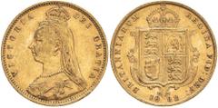 UNITED KINGDOM. Victoria, 1837-1901. Gold half-sovereign, 1892. London. No JEB High shield DISH L514. The 1892 Jubilee head half-sovereign is one of the most common half-sovereigns of Queen Victoria. 