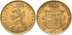 UNITED KINGDOM. Victoria, 1837-1901. Gold half-sovereign, 1892. London. No JEB High shield DISH L514. The production of half-sovereigns was held back for several years to steer the public towards incr