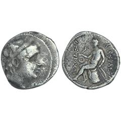 Ancient India. Indo-Bactrians, Antiochus, Silver Drachma, 4.07g, Bactrian standard bust of the Greek monarch to right on obv, Greek God Zeus, seated on a throne to left, in the centre with Greek legen