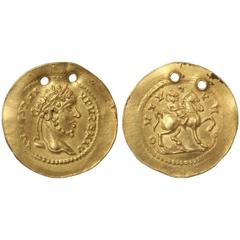 Ancient India. Indian imitation of a Roman gold coin (Aureus), 5.9g, c. 2nd – 3rd century AD, pierced twice for use in jewellery. Obv. bust of a Roman emperor facing right, jumbled inscription around,