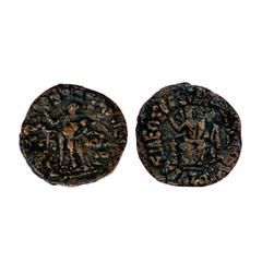 Ancient India. Indo Scythian Kings, Azes (c. 56 – 30BC), Copper unit, 12.8g, Obv: 'fertility deity' seated on throne Greek legend 'BasileosBasileon (Megalou) Azou'; Rev: Hermes standing with Kharoshth