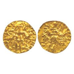 Ancient India. Post-Kushan gold coinage in Bengal (Samatata region), c. 4th-5th century AD, dinar imitating designs of a coin of Kanishka I, 6.35 g. Obv: King standing performing sacrifice at an altar