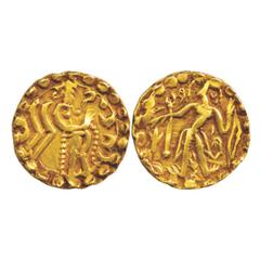 Ancient India. Post-Gupta Coinage in Bengal, Mainamati-Comylla (ancient 'Samatata') region – Rata dynasty, king Sridharana Rata (c. 650-700AD), base gold Dinar imitating Gupta designs, 5.73g. Obv: cru