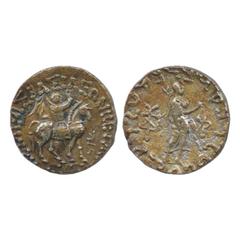 Ancient India. Indo-Scythian rulers, Azes, (c. 56-25 BC), debased Silver Tetradrachm of 'Pallas Athena' type, 9.69g. Obv: King mounted on horse, holding a whip, Kharoshthi letter in front; Greek legen