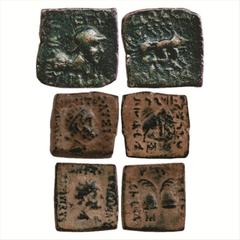 Ancient India. Indo-Greeks (3), (a) Eucratides I (c. 170-145 BC), Copper unit, BN series 19, 9.61g. Obv: Helmeted bust of the king; Greek legend BASILEOS MEGALOU EUKRATIDOU. Rev: Dioskuroi on horsebac