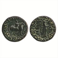 Ancient India. Indo-Scythian, Apracharajas of Bajaur, Aspavarma (c. 10-25 AD), Billon Tetradrachm, (MAC 2493), 8.15g. Obv: King mounted on horse, holding a whip, Kharoshthi monogram to right; crude Gr