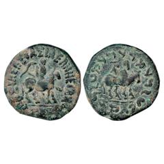 Ancient India. Indo-Scythians, Azes (58-30 BC), Bronze Heavy Unit, ISCH 91.2, 25.73g. Obv: King mounted on horse carrying a spear; Greek legend BASILEOS BASILEON MEGALOU AZOU around. Rev: Bull standin