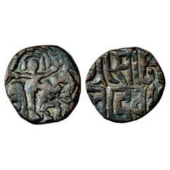 Hindu Coins of Medieval India. Chahmanas of Ajmer/Sambhar, Somalekha/Somala Devi, Queen of Ajaya Deva (1110-1125 AD), Billon Coin, Deyell 183, 2.99g. Obv: Horseman riding to right. Rev: Nagari legend 