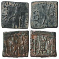 Ancient India. Indo-Greeks, Copper Coin (2), (a) Apollodotos I (180-160 BC), BN series 7, 3.11g. Obv: Apollo standing facing holding bow and arrow, Greek legend BASILEOS APOLLO… Rev: Tripod in dotted 