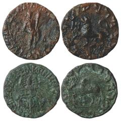 Ancient India. Indo-Scythians, Maues (90-60 BC), Copper Coin (2), (a) ISCH 12.1, 6.90g. Obv: Heracles standing facing; Greek legend BASILEOS BASILEON MEGALOU MAUOU around. Rev: Lion walking to left; K