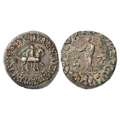 Ancient India. Indo-Scythians, Azilises (70-58 BC), Silver Tetradrachm, ISCH 52.1T, 9.67g. Obv: King riding a horse holding a spear; Greek legend BASILEOS BASILEON MEGALOUAZILISOU around. Rev: 'City G