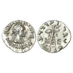 Ancient India. Indo-Greeks, Silver Drachm of Menander I (c. 155-130 BC), BN series 13, 2.34g. Obv: Diademed bust of the king facing right; Greek legend BASILEOS SOTEROS MENANDROU around. Rev: Athena A
