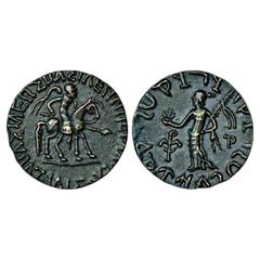 Ancient India. Indo-Scythian, Aziliese (85-45/35 BC), Silver Tetradrachm, 9.49g. Obv: King riding on horse holding a spear, Greek legend BASILEOS BASILEON MEGALOU AZILISOU around. Rev: City goddess st