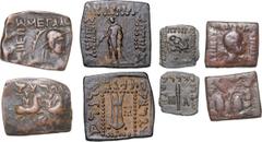 Ancient coins ANCIENT GREEK Rectangular/square 2nd Century BC bronze units (4) including Eukratides AE25 Helmeted bust Rev Dioscuri Apollodotus AE24 Apollo standing Rev Tripod Menander AE15 Elephant H