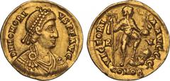Ancient coins ANCIENT ROMAN Honorius (393-423) Solidus of Ravenna bust of honorius right Rev Honorius standing right holding standard and globe with foot on captive (S20920) light graffiti scratches o