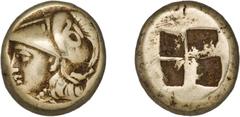 Ancient Coins Ancient Greek; ASIA MINOR, Ionia Phokaia (c.387-322BC) electrum hekte or sixth slater (2.57g) Athena head left with serpent emblazoned helmet Rev quadripartite incuse punch (cf.S4530 Bod
