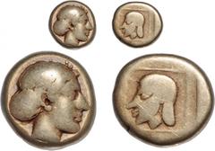 Ancient Greek ASIA MINOR LESBOS; Mytilene (c.428-427BC) Electrum Hekte Head of Artemis-Kybele right Rev mask of mine worker left within linear square (Bodenstedt 68) VF
