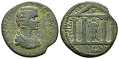 Old collection of Roman Provincial coins with temples Julia Domna (Augusta, 193-217), Lydia, Philadelphia, Æ, Dokimos, archon, 13.04g, 28mm. Draped bust right / Artemis (?) standing right within tetra