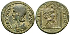Old collection of Roman Provincial coins with temples Julia Paula (219-220), Pamphylia, Side, Æ, 16.80g, 33mm. Diademed and draped bust left / Athena seated left within distyle temple, holding spear a