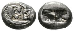 Ancient coins - Various properties Kings of Lydia, Kroisos (c. 564/53-550/39 BC), Third Stater, Sardes, 2.80g, 12mm. Confronted foreparts of lion right and bull left / Two incuse squares. Berk 24; Tra
