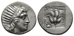 Ancient coins - Various properties Islands of Caria, Rhodos, Rhodes, c. 170-150 BC, Drachm, Thrasymenes, magistrate, 1.71g, 16mm. Radiate head of Helios right / Rose with bud to right; rising sun to l