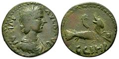 Ancient coins - Various properties Julia Paula (Augusta, 219-220), Mysia, Parium, Æ, 5.79g, 23mm. Draped bust right, wearing stephane / Capricorn right, with globe between hooves and cornucopia over s