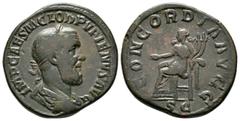 Ancient coins - Various properties Pupienus (AD 238), Sestertius, Rome, 22.18g, 30mm. Laureate, draped and cuirassed bust right / Concordia seated left, holding patera and double cornucopia. RIC IV 20