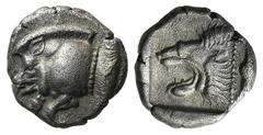 A selection of fractions and Arabian coins Mysia, Kyzikos, c. 450-400 BC, Diobol, 1.21g, 9mm. Forepart of boar left; to right, tunny upward / Head of roaring lion left within incuse square. Von Fritze