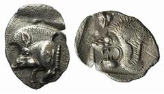 A selection of fractions and Arabian coins Mysia, Kyzikos, c. 450-400 BC, Hemiobol, 0.37g, 10mm. Forepart of boar left, retrograde K on shoulder; to right, tunny upward / Head of lion left; to upper l