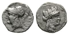The D.S. Collection of Cyprus Cyprus, Salamis, Evagoras II (361-351 BC), Obol, 0.48g, 9mm. Head of Aphrodite wearing turreted crown right / Head of Athena left wearing crested helmet. cf. A Catalogue 