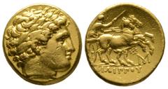Greek Kings of Macedon, Philip III Arrhidaios (323-317 BC), Stater, in the name and types of Philip II, Abydos, 8.60g, 18mm. Head of Apollo right, wearing laurel wreath / Charioteer driving biga right