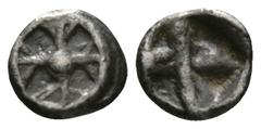 Greek Attica, Athens, c. 515-510 BC, Hemiobol, Wappenmunzen type, 0.37g, 8mm. Wheel of four spokes / Quadripartite incuse square, divided diagonally. Cf. Seltman pl. IV, _ (obol); cf. SNG Cop. 7 (obol