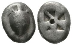Greek Islands of Attica, Aegina, c. 480-457 BC, Stater, 11.68g, 20mm. Sea turtle / Large square incuse with skew pattern. Meadows, Aegina, Group IIIa; HGC 6, 435. Near Very fine, reverse punch mark.