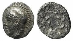 Greek Aeolis, Elaia, c. 450-400 BC, Hemiobol, 0.37g, 7mm. Helmeted head of Athena left / Wreath in incuse square. SNG Cop. 164. Very fine.