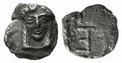 Greek Ionia, Kolophon, c. 500-450 BC, Tetartemorion, 0.22g, 6mm. Facing head of Apollo / TE monogram within incuse square. Milne, Colophon 10; SNG Cop. 133-4 var. (monogram). Good Very fine.