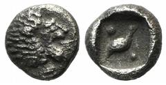 Greek Ionia, Miletos, late 6th-early 5th century BC, Tetartemorion, 0.25g, 5mm. Head of roaring lion right / Eagle standing right; pellet above and below; all within incuse square. SNG Kayhan 947 (Unc