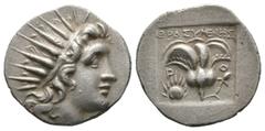 Greek Islands of Caria, Rhodos, Rhodes, c. 170-150 BC, Drachm, ‘Plinthophoric’ coinage, Thrasymenes, magistrate, 2.68g, 17mm. Radiate head of Helios right / Rose with bud to right; rising sun to left;