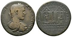 Roman Provincial Caracalla (198-217), Lydia, Tralles, Æ, Po. Cl. Pankratides, grammateus, 25.25g, 35mm. Laureate, draped and cuirassed bust right / Pair of hexastyle temple façades facing; in left one