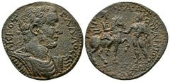 Roman Provincial Trebonianus Gallus (251-253), Lydia, Blaundus, Æ, Aur. Papius magistrate, 14.16g, 35mm. Laureate, draped and cuirassed bust right / Apollo-Men on horseback right, holding patera, carr