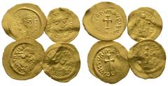 Multiple Lots Lot of 4 Byzantine AV coins, including Justinian I Tremissis, Justin II Tremissis and 2 Maurice Tiberius Tremissis. Fine to near Very fine