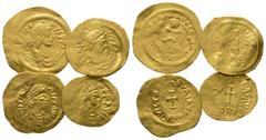 Multiple Lots Lot of 4 Byzantine AV coins, including Justin II Semis and Tremissis, Maurice Tremissis and Phocas Tremissis. Fine to near Very fine