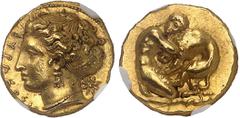 GRÈCE ANTIQUE Sicile, Syracuse, Denys l'Ancien (406-367 av. J.-C.). 100 litrai (Double décadrachme d'Or) ND (400-370 av. J.-C.), Syracuse.NGC Ch AU* 5/5 5/5 Fine style (2130992-002). Av. ΣYPAKOΣIO. Tê