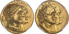 GRÈCE ANTIQUE Royaume lagide, Ptolémée II (283-246 av. J.-C.). Octodrachme d'or ou mnaieion ND (272-270 av. J.-C.), Alexandrie.NGC XF 5/5 4/5 Fine style (4936358-006). Av. AΔEΛΦΩN. Bustes accolés à dr