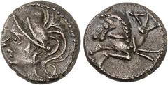 GAULE Allobroges. Drachme à l'hippocampe, classe II anépigraphe ND (fin du IIe - premier quart du Ier siècle avant J.-C.). Av. Tête casquée à gauche le cimier fortement marqué retombe sur la nuque. Rv