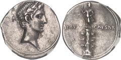 EMPIRE ROMAIN Octave (44-27 av. J.-C.). Denier ND (30-29 av. J.-C.), Rome ?NGC Ch XF 4/5 4/5 (6323610-013). Av. Tête laurée d'Octave à droite. Rv. IMP - CAESAR. Colonne rostrale avec six proues de nav