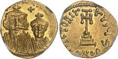 EMPIRE BYZANTIN Constant II (641-668). Solidus ND (654-659), Constantinople, 6e officine.NGC MS 3/5 4/5 (6158600-006). Av. [D N CONSTANTINUS C CONSTAN]. Bustes de face de Constant II, avec longue barb