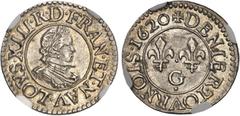 FRANCE / CAPÉTIENS - FRANCE / ROYAL Louis XIII (1610-1643). Essai en argent de denier tournois, ou treizain de mariage 1620, G, Poitiers. NGC MS 62 (6637662-018). Av. LOYS. XIII. R. D. FRAN. ET. NAV. 